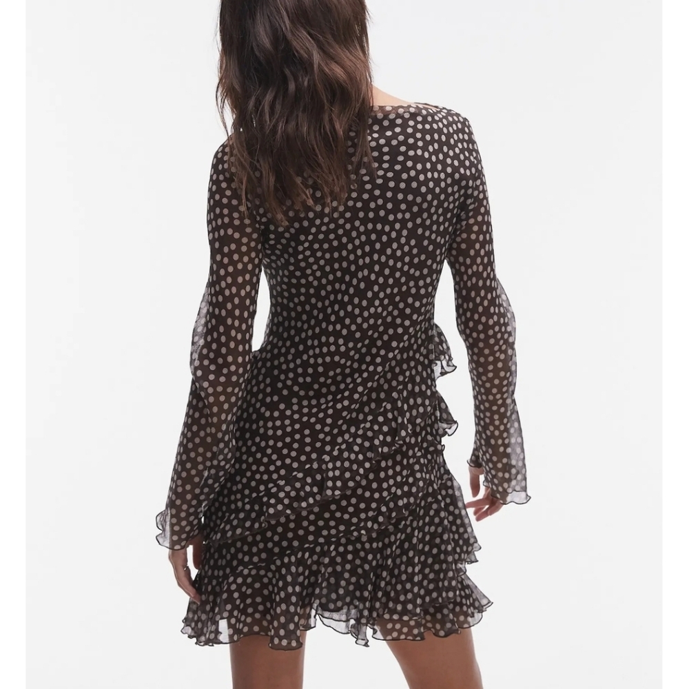 Topshop Polka Dot Ruffle Long Sleeve Chiffon Mini Dress - Picture 3 of 5